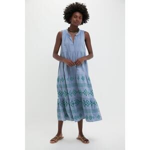 TUCKERNUCK BEACH Emerald Embroidered Chambray Salty Paloma Caftan Size L NWT